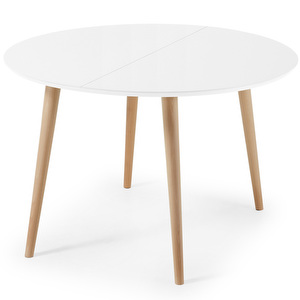Oqui- jatkettava ruokapöytä, valkoinen/pyökki, ⌀ 120/200 cm